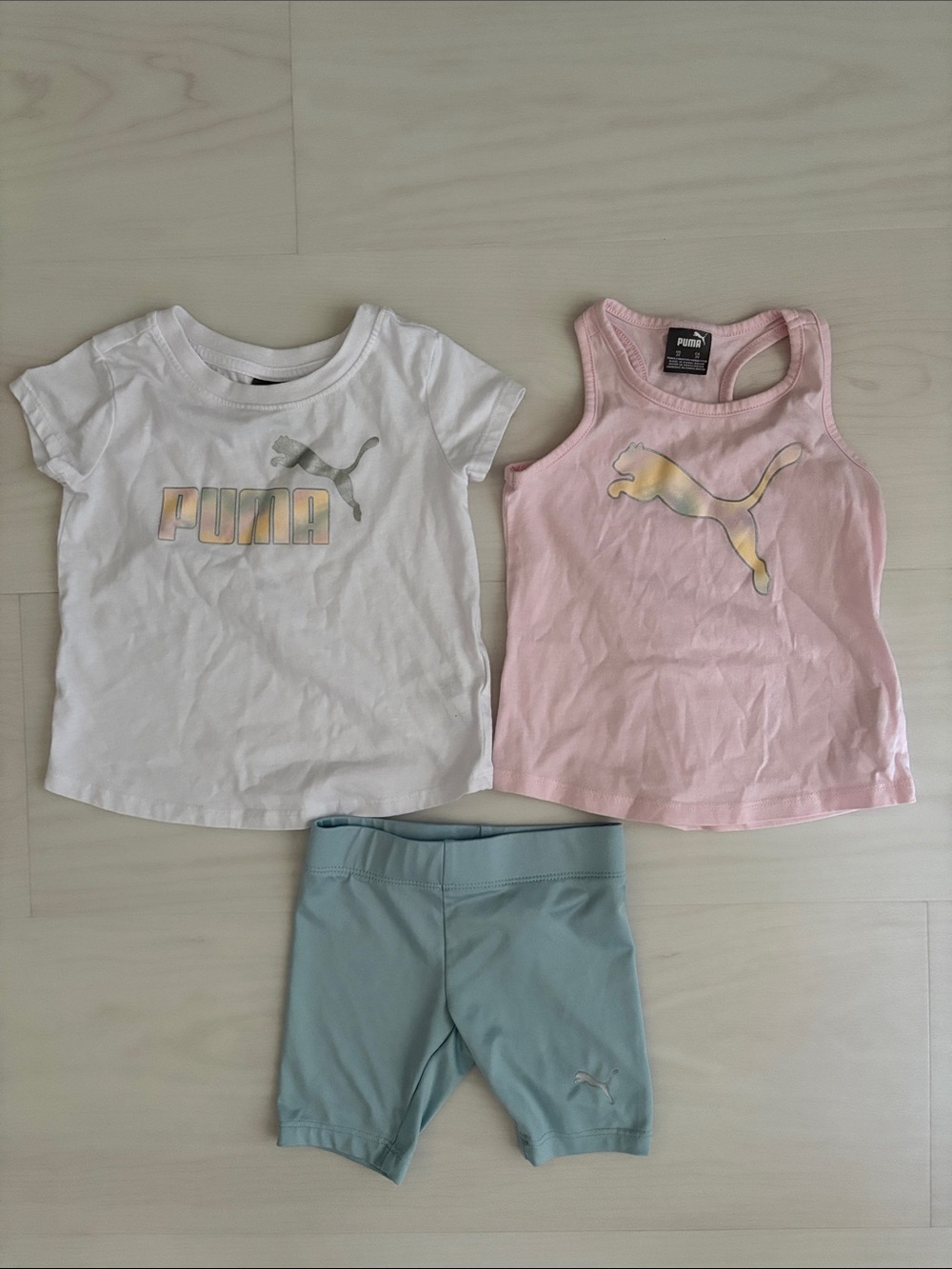 Puma Girls White Tee, Pink Tank & Light Blue Shorts Active Set, 2T